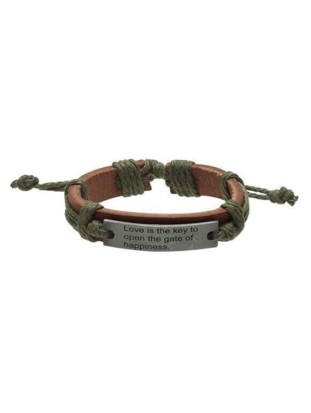 Hand Craft Brown Green Love is The Key Leather Silver Pewter Adjustable Bracelet